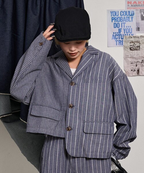 etsinta（エシンタ）の「【etsinta】リメイクライトサッカーストライプジャケット（テーラードジャケット・レディース・ブルー/オフホワイト・ONE SIZE）」の4枚目の写真