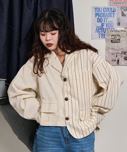 etsinta（エシンタ）の「【etsinta】リメイクライトサッカーストライプジャケット（テーラードジャケット・レディース・ブルー/オフホワイト・ONE SIZE）」の16枚目の写真