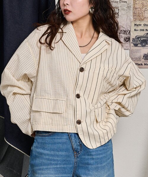 etsinta（エシンタ）の「【etsinta】リメイクライトサッカーストライプジャケット（テーラードジャケット・レディース・ブルー/オフホワイト・ONE SIZE）」の20枚目の写真