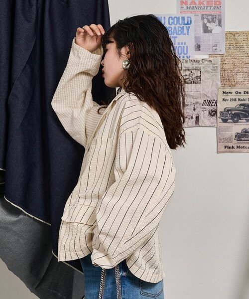 etsinta（エシンタ）の「【etsinta】リメイクライトサッカーストライプジャケット（テーラードジャケット・レディース・ブルー/オフホワイト・ONE SIZE）」の21枚目の写真