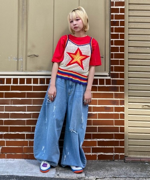 Candy Stripper（キャンディストリッパー）の「CURVE DAMAGE DENIM パンツ（デニムパンツ・レディース・インディゴブルー/ライトインディゴブルー・FREE）」の5枚目の写真