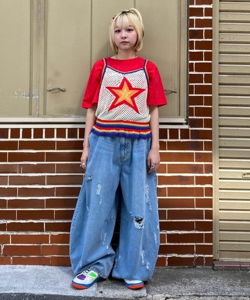 Candy Stripper（キャンディストリッパー）の「CURVE DAMAGE DENIM パンツ（デニムパンツ・レディース・インディゴブルー/ライトインディゴブルー・FREE）」の6枚目の写真