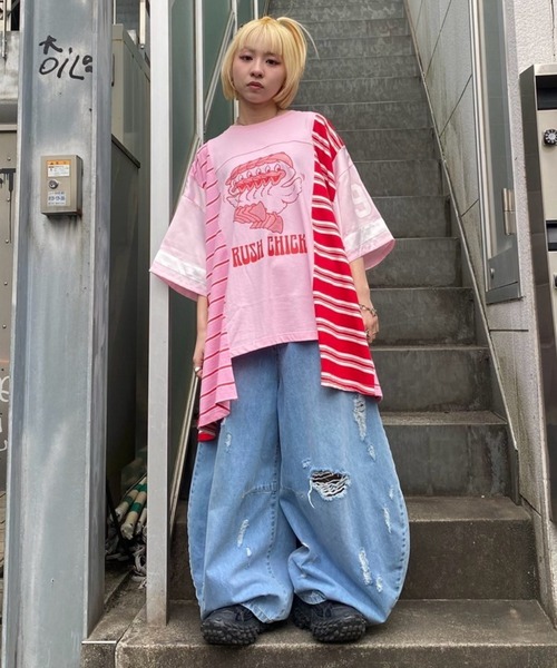 Candy Stripper（キャンディストリッパー）の「CURVE DAMAGE DENIM パンツ（デニムパンツ・レディース・インディゴブルー/ライトインディゴブルー・FREE）」の9枚目の写真