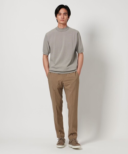 ショートスリーブモックネックニットUA COZY―ウォッシャブル、抗菌防臭 セール】ショートスリーブ ボーダー モックネックニット UA COZY