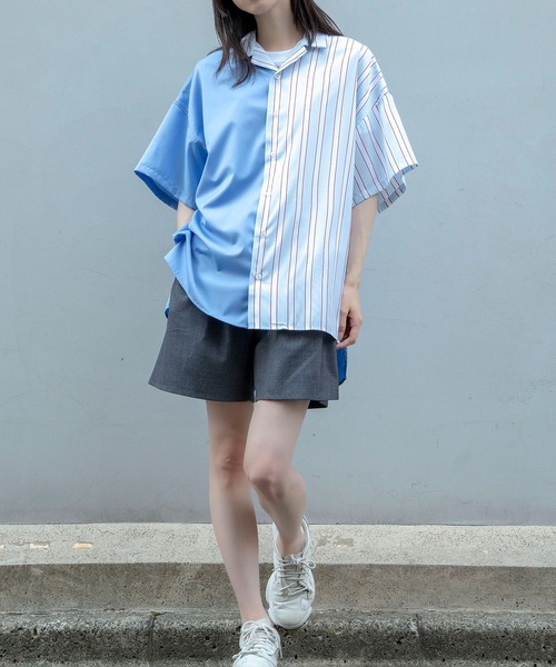 Nora Lily（ノラリリー）の「【Nora Lily】Bi-Collar Fabric Open Collar S/S Shirt(UNISEX)（シャツ/ブラウス・メンズ・ホワイト/ライトグレー/ブルー・FREE）」の3枚目の写真