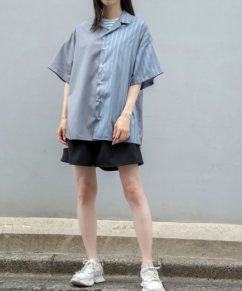 Nora Lily（ノラリリー）の「【Nora Lily】Bi-Collar Fabric Open Collar S/S Shirt(UNISEX)（シャツ/ブラウス・メンズ・ホワイト/ライトグレー/ブルー・FREE）」の2枚目の写真