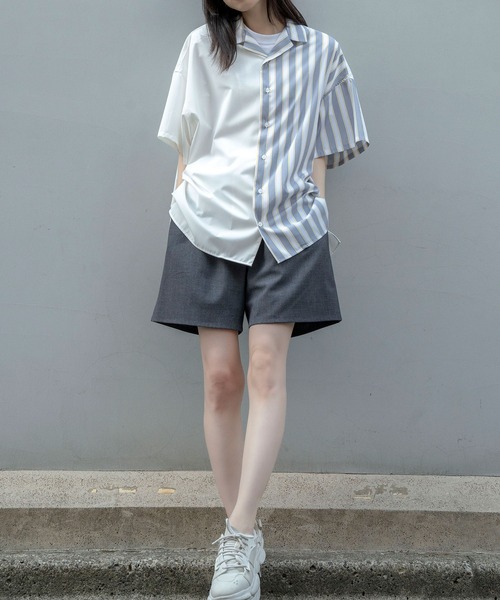 Nora Lily（ノラリリー）の「【Nora Lily】Bi-Collar Fabric Open Collar S/S Shirt(UNISEX)（シャツ/ブラウス・メンズ・ホワイト/ライトグレー/ブルー・FREE）」の4枚目の写真