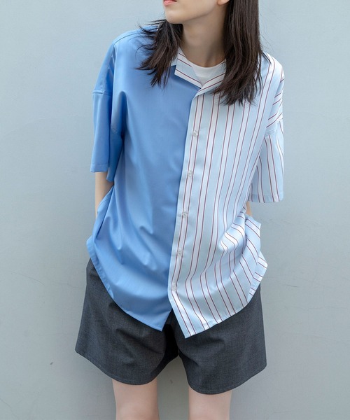 Nora Lily（ノラリリー）の「【Nora Lily】Bi-Collar Fabric Open Collar S/S Shirt(UNISEX)（シャツ/ブラウス・メンズ・ホワイト/ライトグレー/ブルー・FREE）」の18枚目の写真