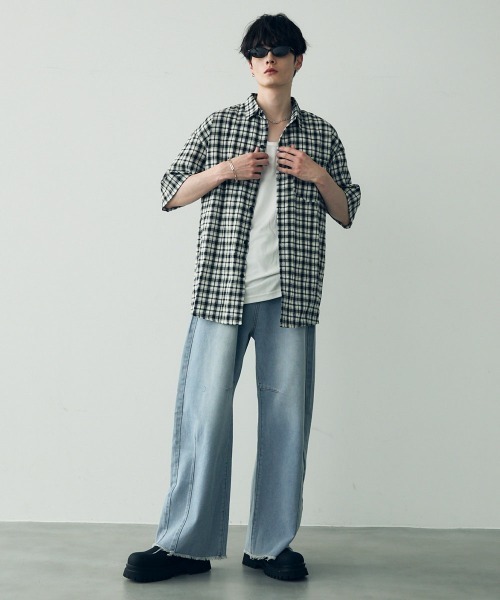 Shoowtime（ショウタイム）の「Over size casual short sleeve shirt / オーバーサイズカジュアルチェックシャツ（シャツ/ブラウス・メンズ・イエロー系/サックスブルー系2/サックスブルー系1/ブラック系/グリーン系/ネイビー系/ホワイト系/モカ・LARGE/MEDIUM/X-LARGE）」の19枚目の写真