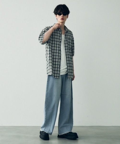 Shoowtime（ショウタイム）の「Over size casual short sleeve shirt / オーバーサイズカジュアルチェックシャツ（シャツ/ブラウス・メンズ・イエロー系/サックスブルー系2/サックスブルー系1/ブラック系/グリーン系/ネイビー系/ホワイト系/モカ・LARGE/MEDIUM/X-LARGE）」の20枚目の写真