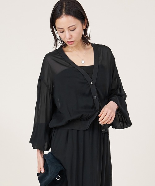 marmors（マルモア）の「【marmors】sheer gather cardigan（カーディガン/ボレロ・レディース・モカ/ブラック・36）」の4枚目の写真
