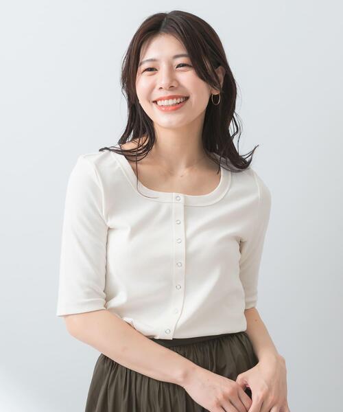 F by ROSSO（エフバイロッソ）の「『UR TECH ひやサラクール』F by ROSSO　スクエアネックハーフスリーブプルオーバー（Tシャツ/カットソー・レディース・ブラウン/オフホワイト/ブラック・FREE）」の5枚目の写真