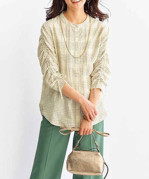 BELLUNA PLUS(ベルーナ)の「シアーチェック素材袖ドロストブラウス(シャツ/ブラウス・レディース・サックスブルー/アイボリー/ネイビー・LARGE/MEDIUM/X-LARGE)」の1枚目の写真