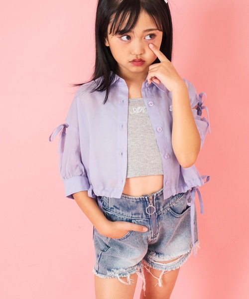 ANAP kids（アナップキッズ）の「肩リボン シアー デザイン シャツ ブラウス 【ジュニアお揃い】（シャツ/ブラウス・キッズ・スミクロ/ラベンダー/ホワイト/ブラック×ホワイト/ベージュ・120cm/110cm/130cm）」の5枚目の写真