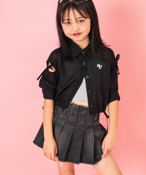 ANAP kids（アナップキッズ）の「肩リボン シアー デザイン シャツ ブラウス 【ジュニアお揃い】（シャツ/ブラウス・キッズ・スミクロ/ラベンダー/ホワイト/ブラック×ホワイト/ベージュ・120cm/110cm/130cm）」の8枚目の写真