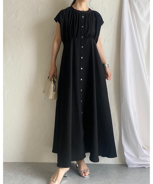 セール】リネンタッチロング丈フレアギャザーシャツワンピース