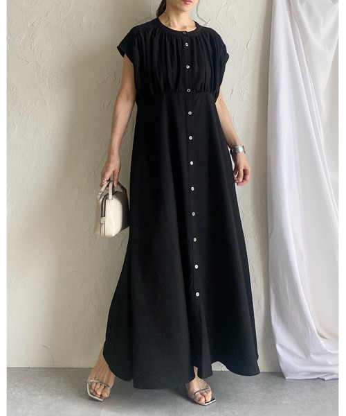 b681【シーピーシェイズ】XS ロンハーマンコラボ リネンフレアワンピース △ セール】リネンタッチロング丈フレアギャザーシャツワンピース