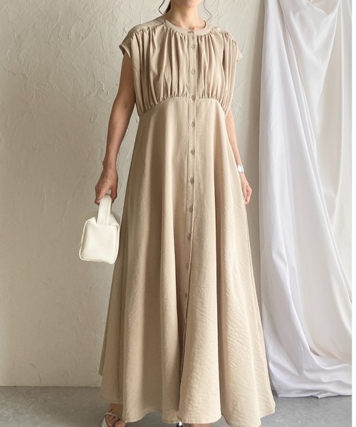 〇Brocante リネン ベージュ シャツワンピース セール】リネンタッチロング丈フレアギャザーシャツワンピース