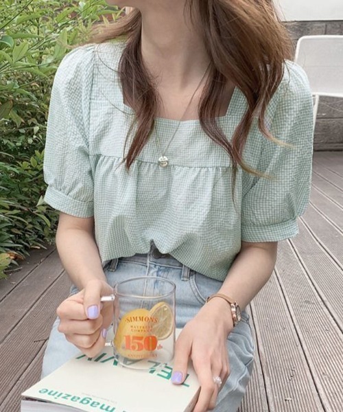 shoppinggo(ショッピングゴー)の「新作ブラウス シャツブラウス スクエアネック チェック柄(シャツ/ブラウス・レディース・ブラック/グリーン・M/L)」の2枚目の写真