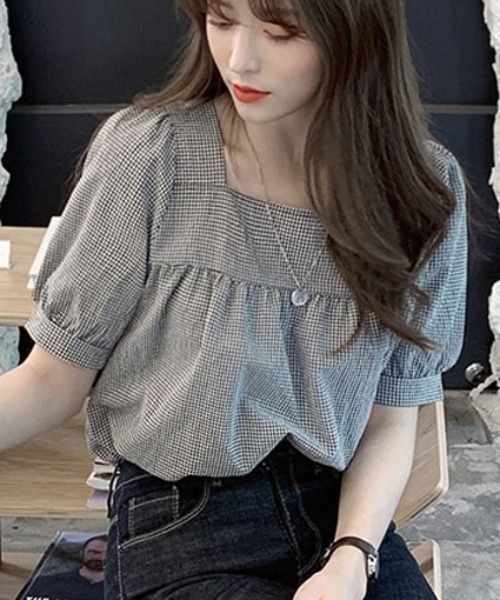 shoppinggo(ショッピングゴー)の「新作ブラウス シャツブラウス スクエアネック チェック柄(シャツ/ブラウス・レディース・ブラック/グリーン・M/L)」の1枚目の写真