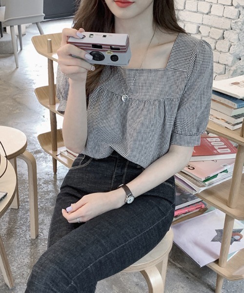 shoppinggo(ショッピングゴー)の「新作ブラウス シャツブラウス スクエアネック チェック柄(シャツ/ブラウス・レディース・ブラック/グリーン・M/L)」の4枚目の写真