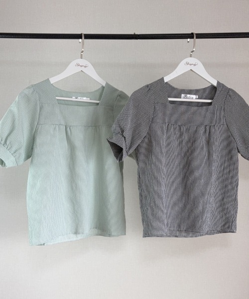 shoppinggo(ショッピングゴー)の「新作ブラウス シャツブラウス スクエアネック チェック柄(シャツ/ブラウス・レディース・ブラック/グリーン・M/L)」の5枚目の写真