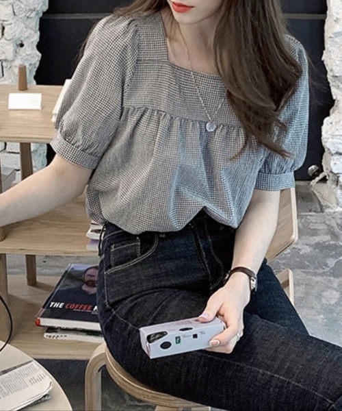 shoppinggo(ショッピングゴー)の「新作ブラウス シャツブラウス スクエアネック チェック柄(シャツ/ブラウス・レディース・ブラック/グリーン・M/L)」の6枚目の写真
