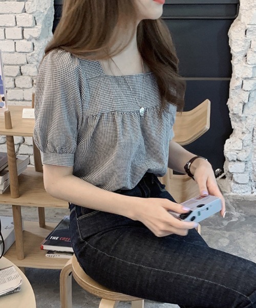 shoppinggo(ショッピングゴー)の「新作ブラウス シャツブラウス スクエアネック チェック柄(シャツ/ブラウス・レディース・ブラック/グリーン・M/L)」の7枚目の写真