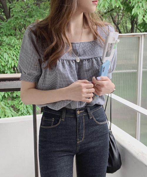 shoppinggo(ショッピングゴー)の「新作ブラウス シャツブラウス スクエアネック チェック柄(シャツ/ブラウス・レディース・ブラック/グリーン・M/L)」の8枚目の写真