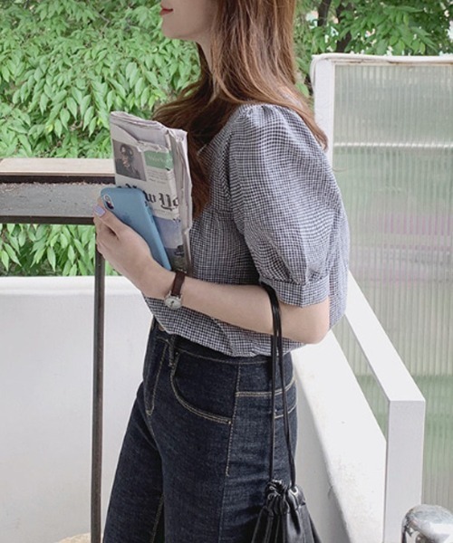 shoppinggo(ショッピングゴー)の「新作ブラウス シャツブラウス スクエアネック チェック柄(シャツ/ブラウス・レディース・ブラック/グリーン・M/L)」の10枚目の写真