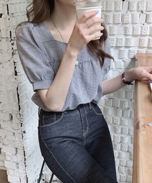 shoppinggo(ショッピングゴー)の「新作ブラウス シャツブラウス スクエアネック チェック柄(シャツ/ブラウス・レディース・ブラック/グリーン・M/L)」の12枚目の写真