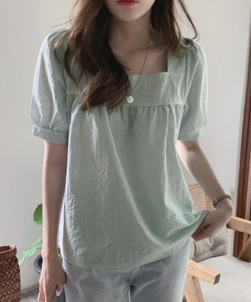 shoppinggo(ショッピングゴー)の「新作ブラウス シャツブラウス スクエアネック チェック柄(シャツ/ブラウス・レディース・ブラック/グリーン・M/L)」の16枚目の写真