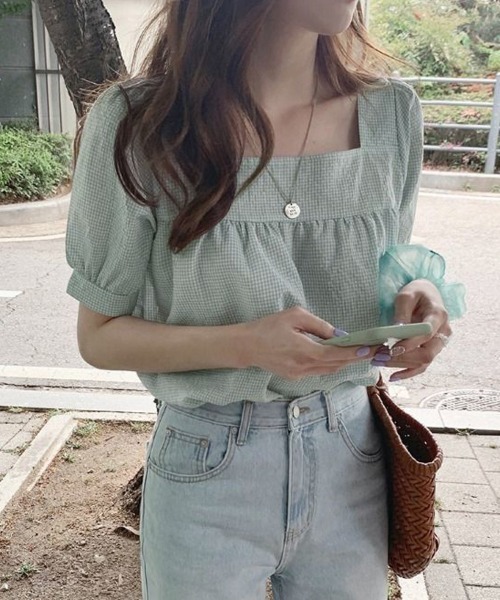 shoppinggo(ショッピングゴー)の「新作ブラウス シャツブラウス スクエアネック チェック柄(シャツ/ブラウス・レディース・ブラック/グリーン・M/L)」の17枚目の写真