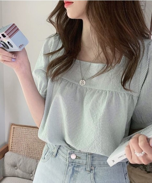 shoppinggo(ショッピングゴー)の「新作ブラウス シャツブラウス スクエアネック チェック柄(シャツ/ブラウス・レディース・ブラック/グリーン・M/L)」の18枚目の写真