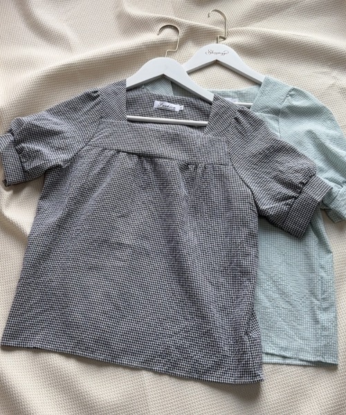 shoppinggo(ショッピングゴー)の「新作ブラウス シャツブラウス スクエアネック チェック柄(シャツ/ブラウス・レディース・ブラック/グリーン・M/L)」の3枚目の写真