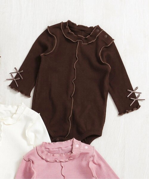 apres les cours（アプレレクール）の「メロウリブボディースーツ（ロンパース・キッズ・ブラウン/オフホワイト/ピンク・80/70）」の3枚目の写真