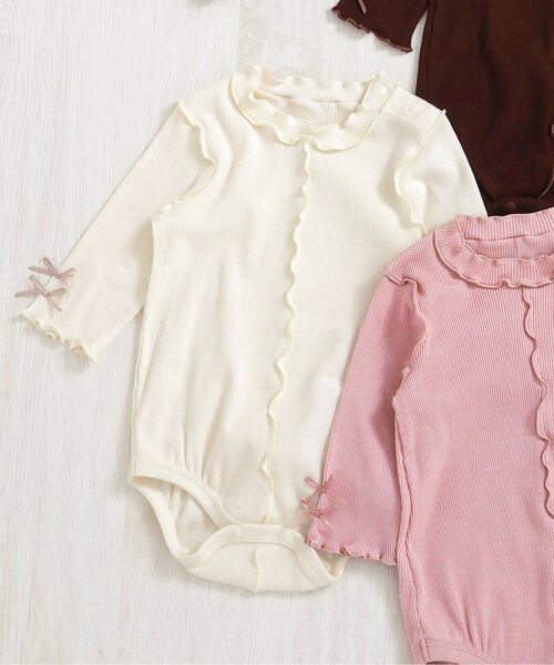 apres les cours（アプレレクール）の「メロウリブボディースーツ（ロンパース・キッズ・ブラウン/オフホワイト/ピンク・80/70）」の2枚目の写真