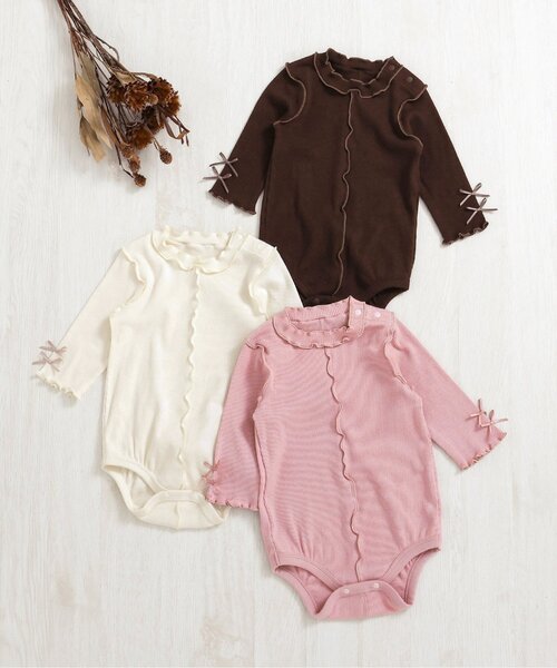 apres les cours（アプレレクール）の「メロウリブボディースーツ（ロンパース・キッズ・ブラウン/オフホワイト/ピンク・80/70）」の6枚目の写真