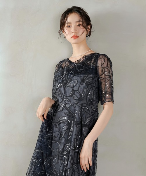 Kana（カナ）の「花柄 シャイニースパンコール パーティー ドレス 結婚式 お呼ばれ オケージョン（ドレス・レディース・チャコールグレー/ブルー/ベージュ/ピンク・M）」の9枚目の写真