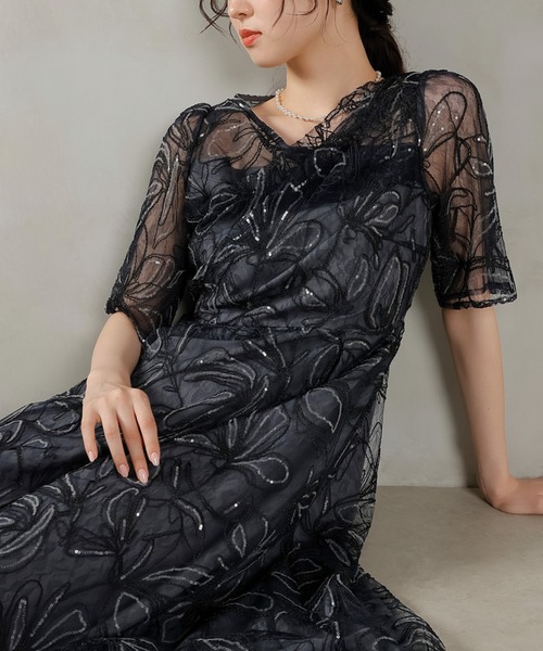Kana（カナ）の「花柄 シャイニースパンコール パーティー ドレス 結婚式 お呼ばれ オケージョン（ドレス・レディース・チャコールグレー/ブルー/ベージュ/ピンク・M）」の11枚目の写真