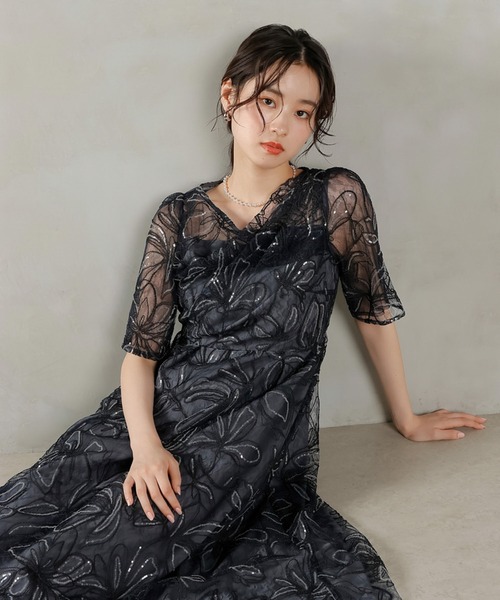 Kana（カナ）の「花柄 シャイニースパンコール パーティー ドレス 結婚式 お呼ばれ オケージョン（ドレス・レディース・チャコールグレー/ブルー/ベージュ/ピンク・M）」の17枚目の写真
