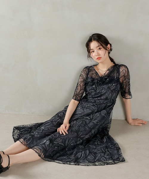 Kana（カナ）の「花柄 シャイニースパンコール パーティー ドレス 結婚式 お呼ばれ オケージョン（ドレス・レディース・チャコールグレー/ブルー/ベージュ/ピンク・M）」の12枚目の写真