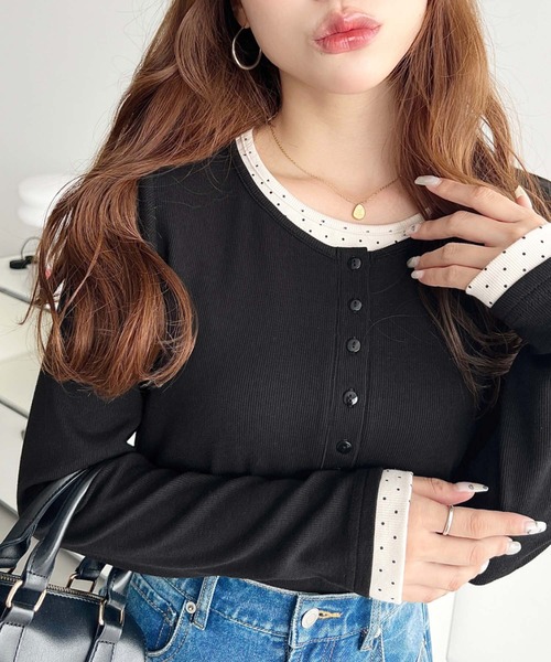 moment+(モーメントプラス)の「レイヤード風ヘンリーロンT(Tシャツ/カットソー・レディース・チャコールグレー/ブラック/アイボリー/ネイビー/杢グレー/ブラック系/ブルー系/グレー系/ホワイト系・L/M)」の5枚目の写真