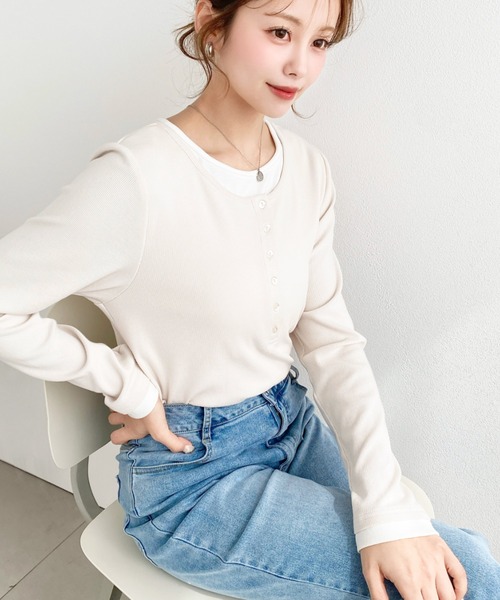 セール】レイヤード風ヘンリーロンT(Tシャツ/カットソー)|moment+ セール】レイヤード風ヘンリーロンT(Tシャツ/カットソー)|moment+