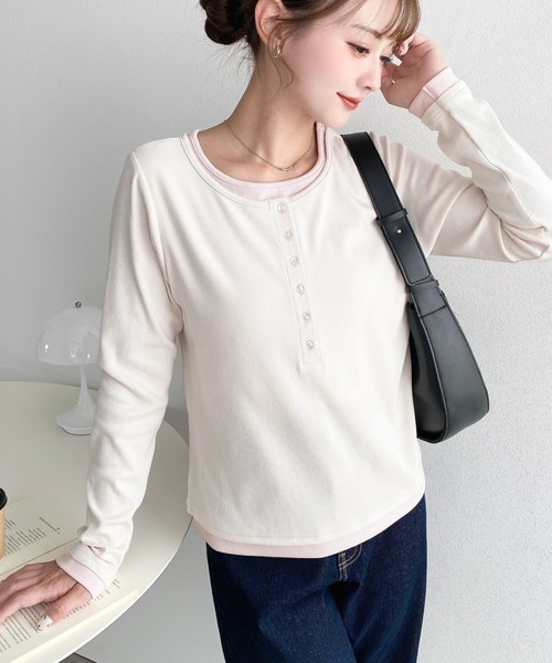 moment+(モーメントプラス)の「レイヤード風ヘンリーロンT(Tシャツ/カットソー・レディース・チャコールグレー/ブラック/アイボリー/ネイビー/杢グレー/ブラック系/ブルー系/グレー系/ホワイト系・L/M)」の12枚目の写真