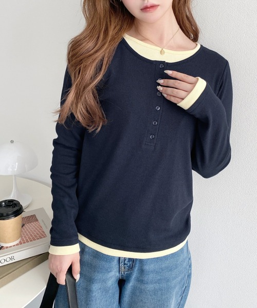 moment+(モーメントプラス)の「レイヤード風ヘンリーロンT(Tシャツ/カットソー・レディース・チャコールグレー/ブラック/アイボリー/ネイビー/杢グレー/ブラック系/ブルー系/グレー系/ホワイト系・L/M)」の17枚目の写真