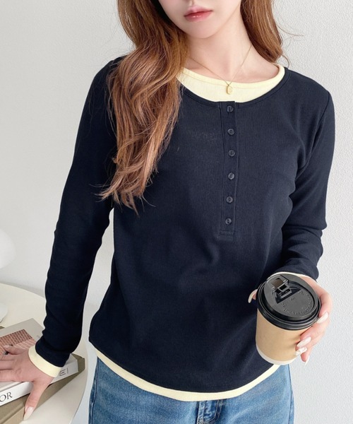 moment+(モーメントプラス)の「レイヤード風ヘンリーロンT(Tシャツ/カットソー・レディース・チャコールグレー/ブラック/アイボリー/ネイビー/杢グレー/ブラック系/ブルー系/グレー系/ホワイト系・L/M)」の19枚目の写真
