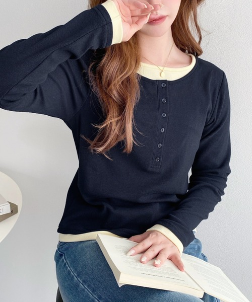moment+(モーメントプラス)の「レイヤード風ヘンリーロンT(Tシャツ/カットソー・レディース・チャコールグレー/ブラック/アイボリー/ネイビー/杢グレー/ブラック系/ブルー系/グレー系/ホワイト系・L/M)」の18枚目の写真