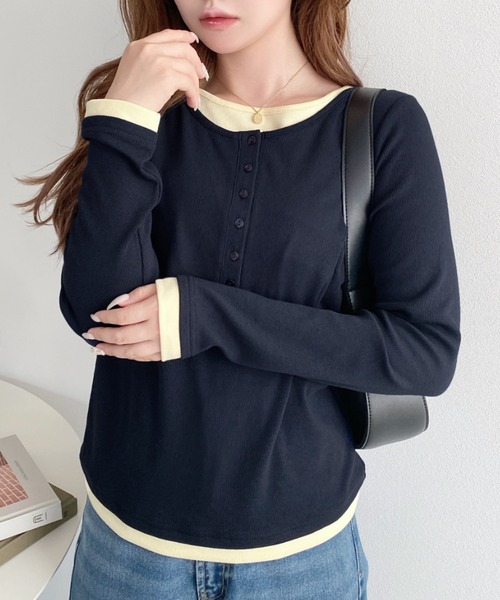 moment+(モーメントプラス)の「レイヤード風ヘンリーロンT(Tシャツ/カットソー・レディース・チャコールグレー/ブラック/アイボリー/ネイビー/杢グレー/ブラック系/ブルー系/グレー系/ホワイト系・L/M)」の16枚目の写真