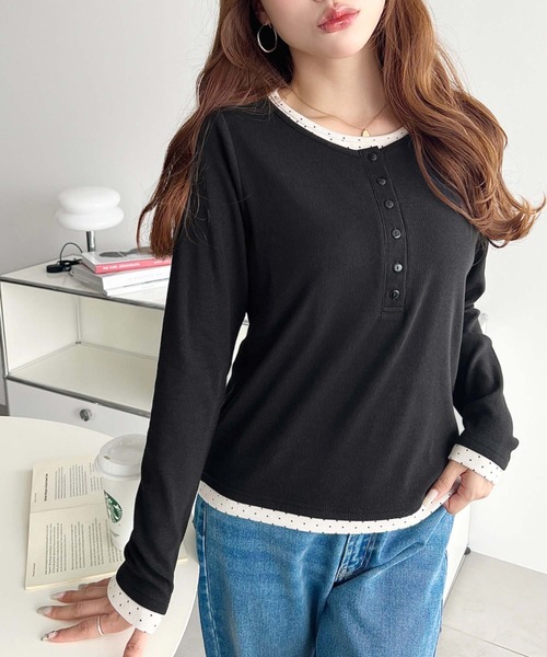 moment+(モーメントプラス)の「レイヤード風ヘンリーロンT(Tシャツ/カットソー・レディース・チャコールグレー/ブラック/アイボリー/ネイビー/杢グレー/ブラック系/ブルー系/グレー系/ホワイト系・L/M)」の21枚目の写真